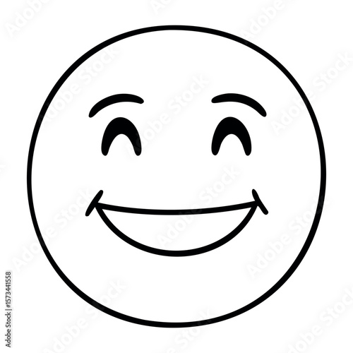 Smiling circular face with closed eyes and broad smile. Vector hand-drawn doodle illustration