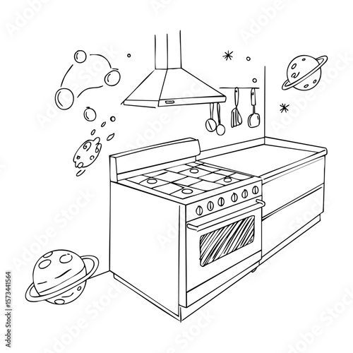 Surreal kitchen with planets and floating kitchenware in monochrome illustration. Vector hand-drawn doodle illustration