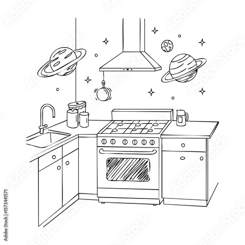 Whimsical kitchen with planetary decor and appliances in line art style. Vector hand-drawn doodle illustration