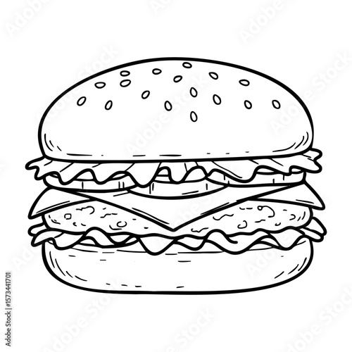 Black and white illustration of a classic hamburger with toppings. Vector hand-drawn doodle illustration
