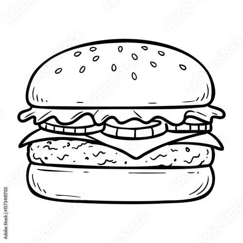Detailed hand-drawn cheeseburger sketch with lettuce, cheese, and onion layers. Vector hand-drawn doodle illustration