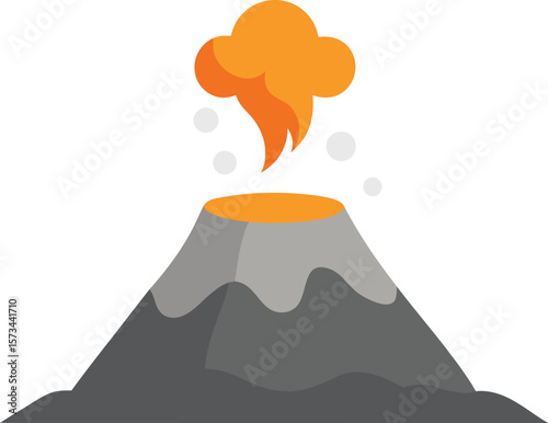 Simple Cartoon Gray Volcano with Orange Lava and White Smoke Erupting Vector Graphic