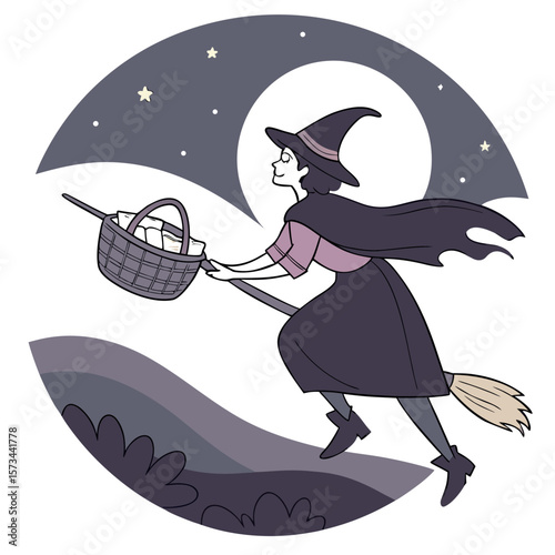A charming cartoon witch with a basket full of treats flies on her broomstick across a full moonlit night sky with stars and silhouetted hills below