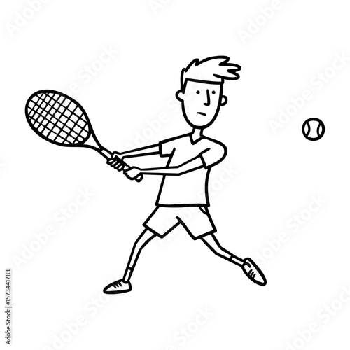 Cartoon drawing of male teen playing tennis with racket and ball. Vector hand-drawn doodle illustration