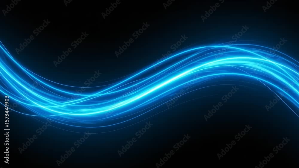 A vibrant blue light streak elegantly twists and flows against a stark black backdrop The abstract waveform design creates an eye catching motion effect