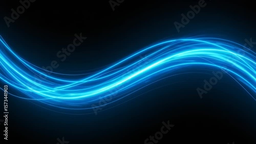 A vibrant blue light streak elegantly twists and flows against a stark black backdrop The abstract waveform design creates an eye catching motion effect