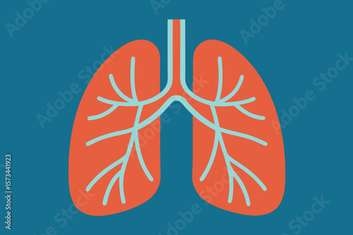 Simplified Line Art Drawing Coral and Teal Human Lungs Bronchial Tree Dark Teal Background Medical Illustration