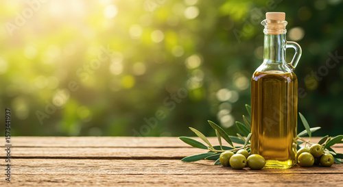 Olive oil bottle with green olives on wooden table in sunlight  