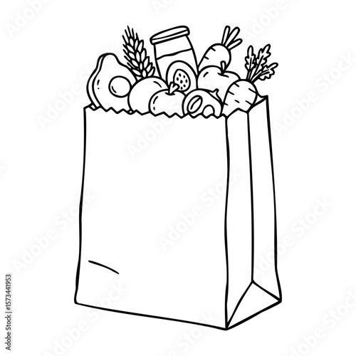 Grocery bag filled with fresh produce and pantry essentials. Vector hand-drawn doodle illustration