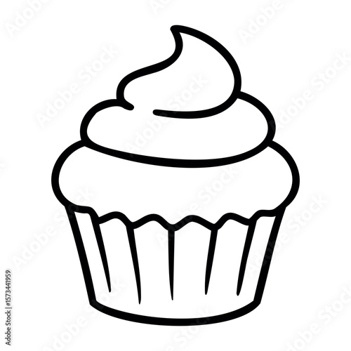 Simple black and white drawing of a cupcake with swirl frosting. Vector hand-drawn doodle illustration