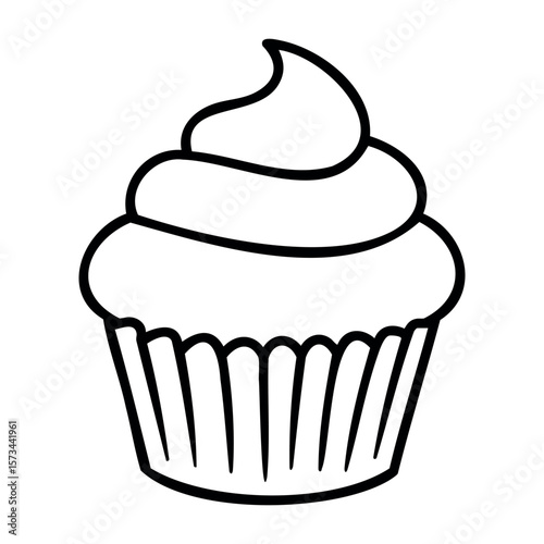 Simple line art of a cupcake with swirl frosting and wrapper. Vector hand-drawn doodle illustration