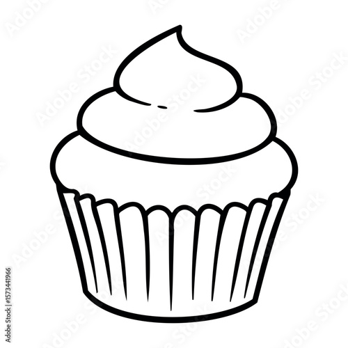 Simple line art illustration of a cupcake with swirl top. Vector hand-drawn doodle illustration