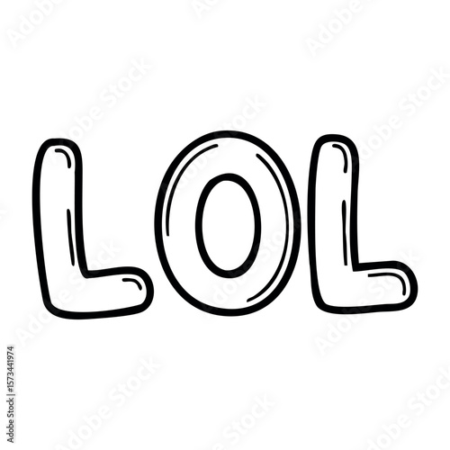 Bold black text lol design displaying online slang and humor. Vector hand-drawn doodle illustration
