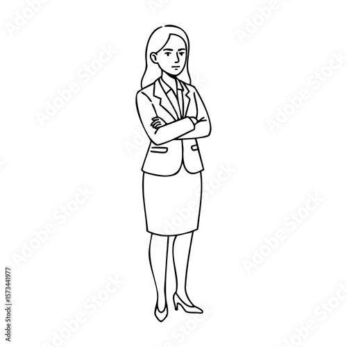 Confident young asian businesswoman in professional attire illustration. Vector hand-drawn doodle illustration