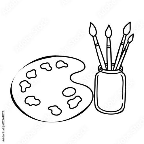 Artist's palette and brushes in jar line art illustration. Vector hand-drawn doodle illustration