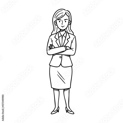 Confident caucasian female business leader with arms crossed. Vector hand-drawn doodle illustration