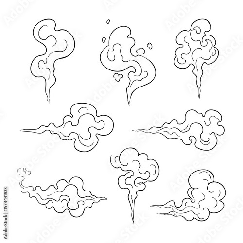 Collection of hand-drawn smoke cloud designs with various shapes and styles. Vector hand-drawn doodle illustration