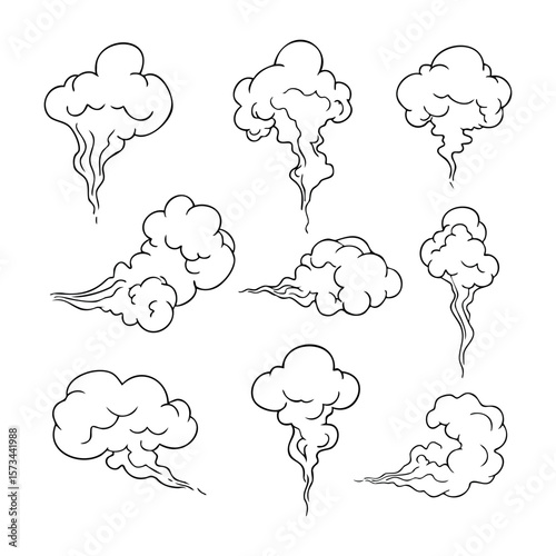 Collection of cartoon smoke plumes set against a white background. Vector hand-drawn doodle illustration