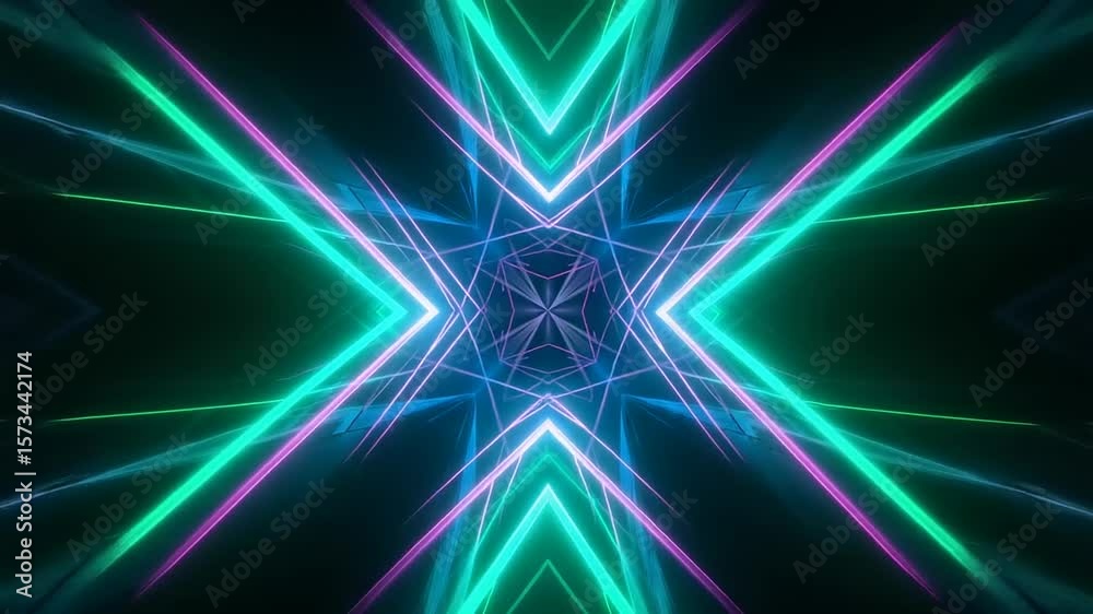 Geometric pattern glows vibrant neon colors Symmetrical design features magenta cyan and green light streaks radiating from a central focal point dark backdrop