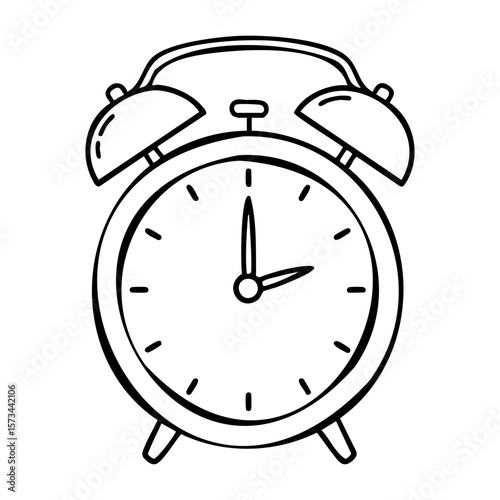 Outline of a classic alarm clock with bells on top. Vector hand-drawn doodle illustration