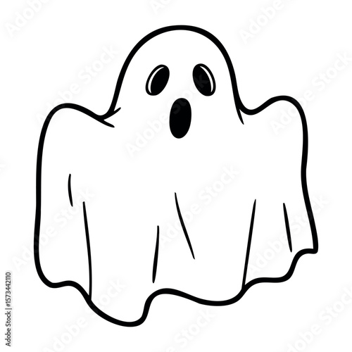 Cartoon ghost with surprised expression floating. Vector hand-drawn doodle illustration