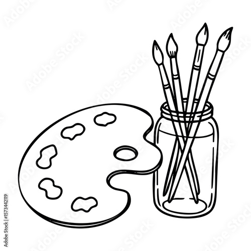 Artist palette and brushes in jar line art drawing. Vector hand-drawn doodle illustration