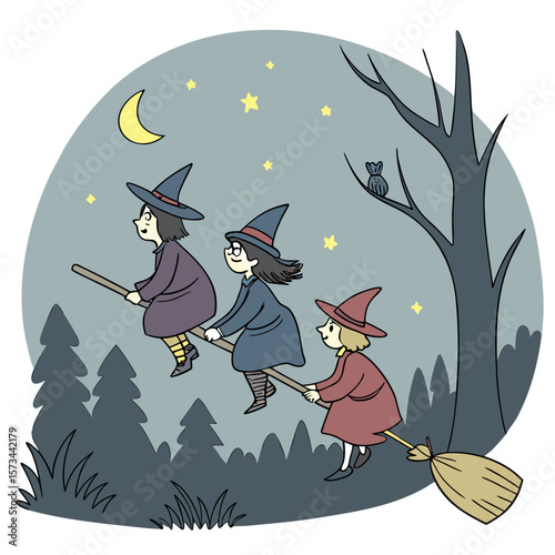 Three young witches in conical hats and cloaks fly together on a single broomstick through a starry night sky over a dark forest with a crescent moon and an owl