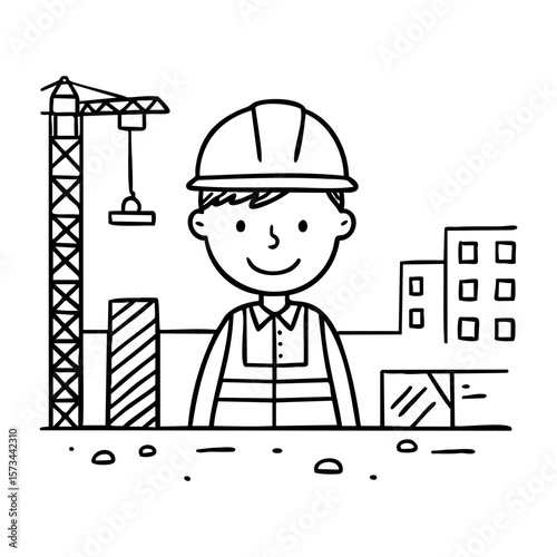 Smiling young male caucasian construction worker cartoon in hard hat and vest. Vector hand-drawn doodle illustration