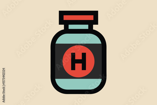 Teal Medicine Bottle Icon Red Oval Label Black Background Red Cap Black Outline Vector Graphic illustration