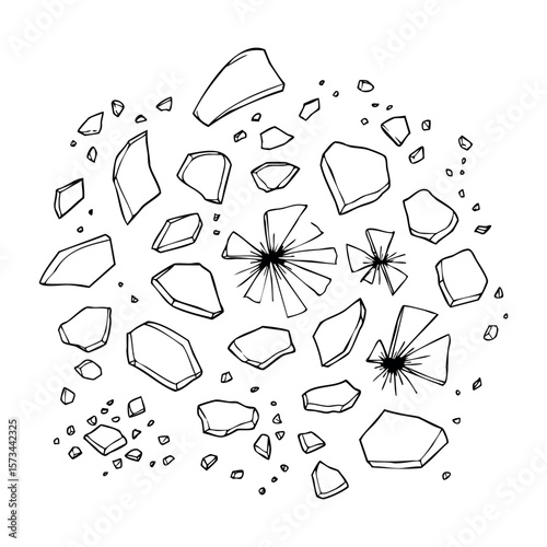 Shattered glass pattern with cracks and fragments. Vector hand-drawn doodle illustration