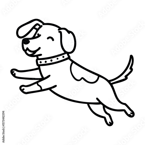 Happy cartoon dog jumping with a collar. Vector hand-drawn doodle illustration
