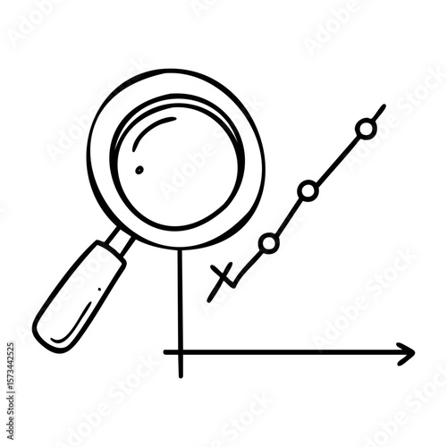 Magnifying glass over data chart highlighting positive growth trends. Vector hand-drawn doodle illustration