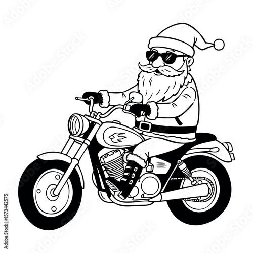Santa claus riding a motorcycle cartoon illustration. Vector hand-drawn doodle illustration