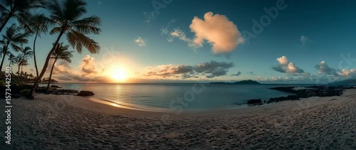 Tropical Sunrise Beach Panorama with Palm Trees and Golden Light – 360° Coastal View