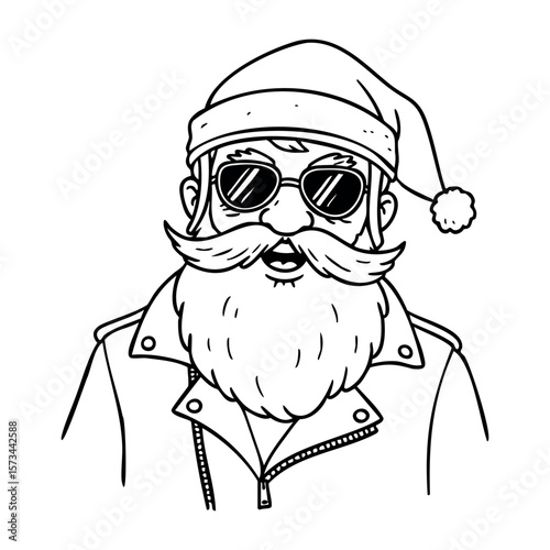 Hipster santa: male caucasian illustration with sunglasses and beard. Vector hand-drawn doodle illustration