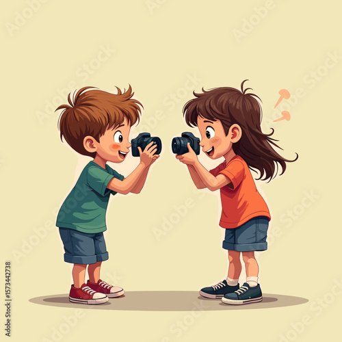 Children taking pictures with cameras and smiling joyfully indoors  