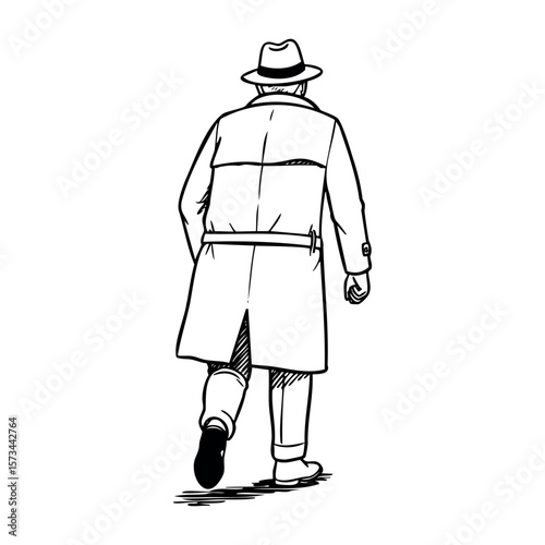 Caucasian mature male in trench coat and fedora walking away. Vector hand-drawn doodle illustration