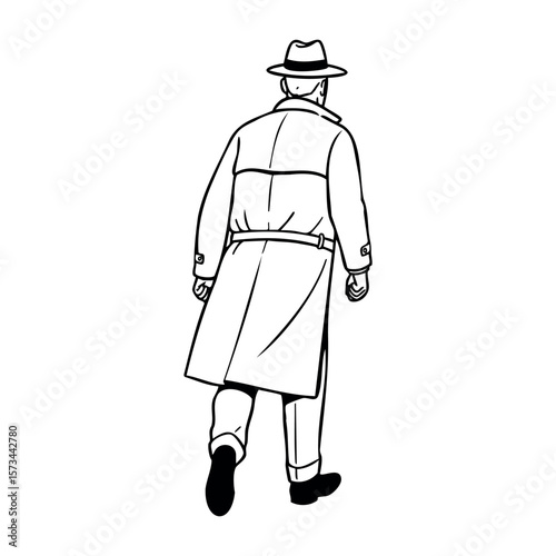 Mature caucasian male in trench coat and hat walking away illustration. Vector hand-drawn doodle illustration