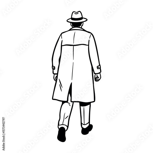 Mature caucasian male in trench coat and hat walking away line art. Vector hand-drawn doodle illustration