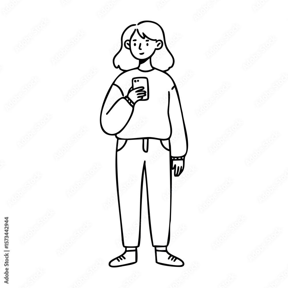 Obraz premium Young caucasian female using smartphone in casual outfit. Vector hand-drawn doodle illustration