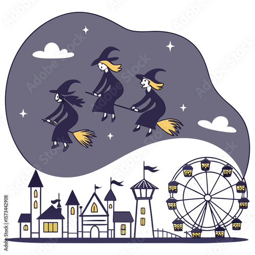 Three charming witches in pointed hats and dark robes fly on broomsticks across a starry night sky above a whimsical cityscape featuring a ferris wheel and fairytale castles