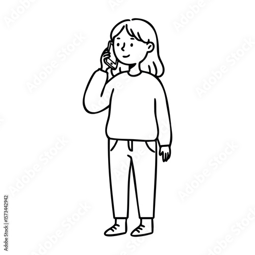 Young caucasian female talking on phone wearing casual sweater and pants. Vector hand-drawn doodle illustration