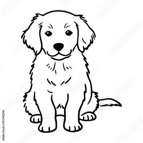 Cute fluffy golden retriever puppy sitting line art illustration. Vector hand-drawn doodle illustration