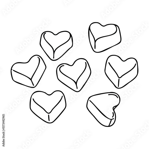 Hand-drawn heart shaped candies outline in various angles. Vector hand-drawn doodle illustration