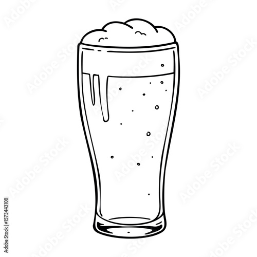 Refreshing pint glass of beer with foam top and bubbles. Vector hand-drawn doodle illustration