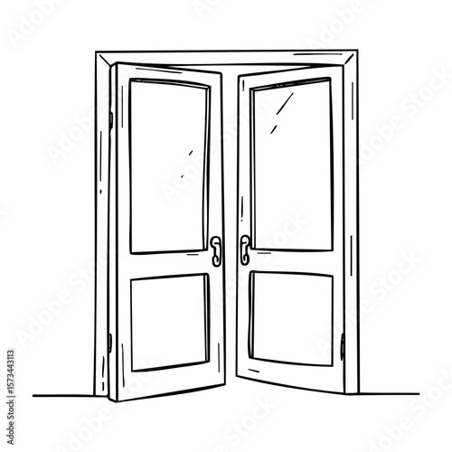 Hand-drawn double doors illustration with open panels and glass details. Vector hand-drawn doodle illustration
