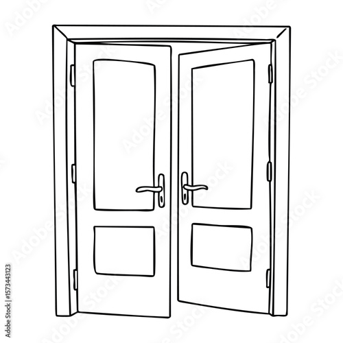 Hand-drawn outline of open double door with handles and panels. Vector hand-drawn doodle illustration