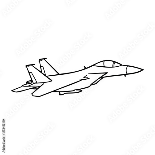 Line drawing of a military fighter jet in flight. Vector hand-drawn doodle illustration