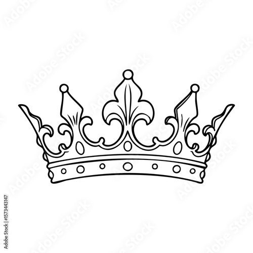 Elegant royal crown line art design with intricate detailing. Vector hand-drawn doodle illustration