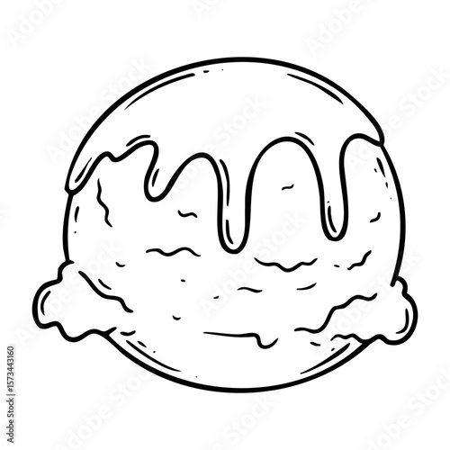 Line art of ice cream scoop with melting topping. Vector hand-drawn doodle illustration